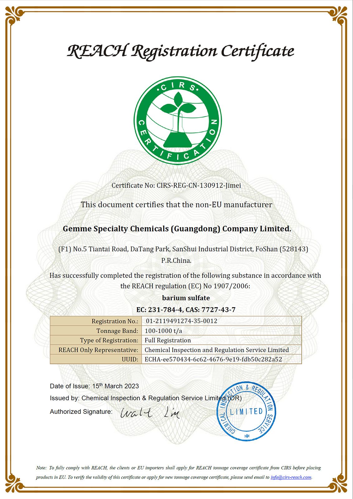 REACH Registration Certificate